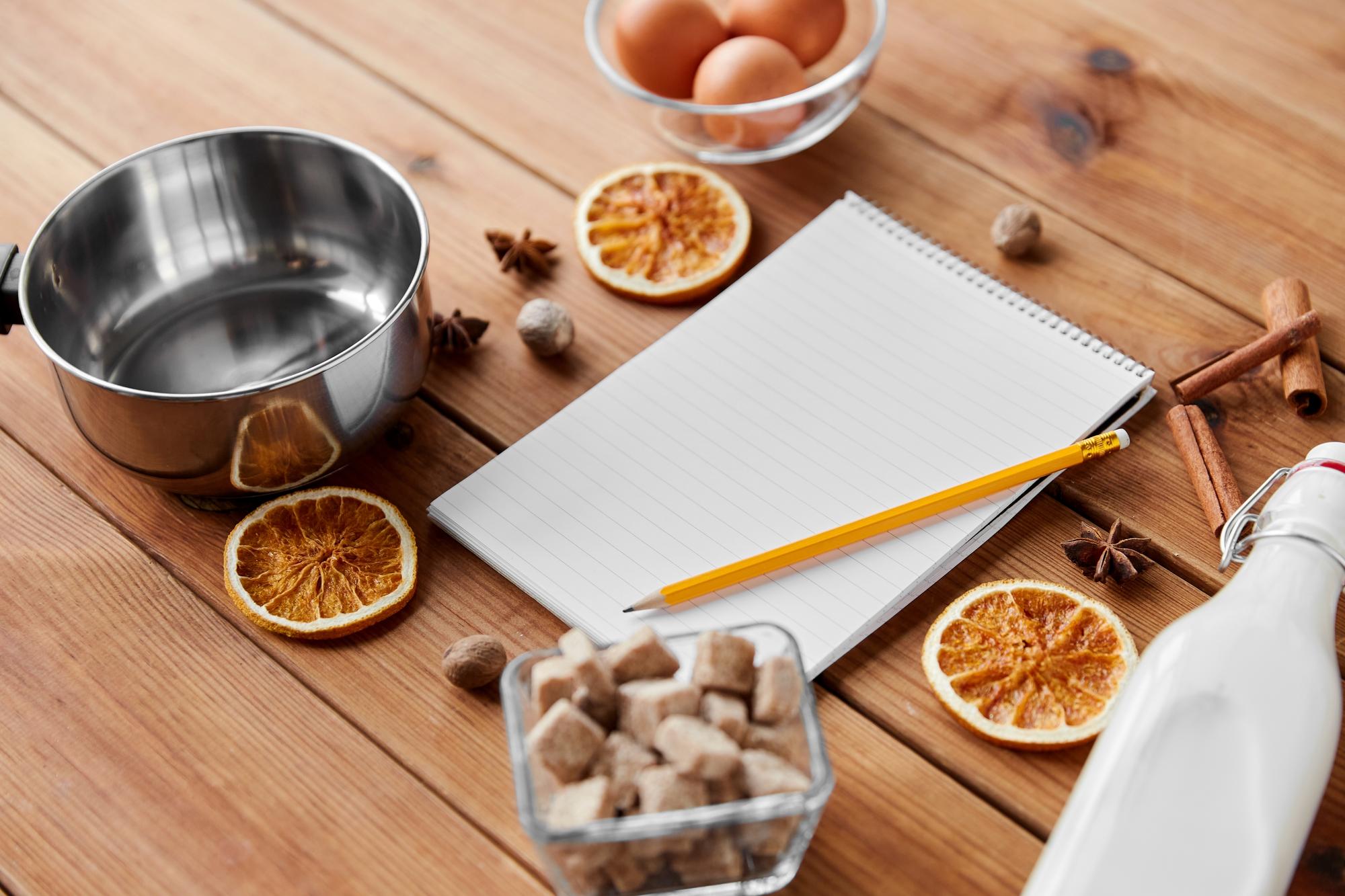 Workstation with recipe notes and utensils