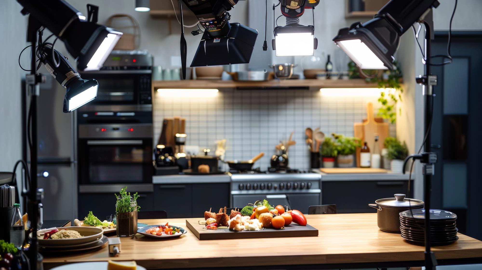 Studio setup: camera, lights and a small kitchen station